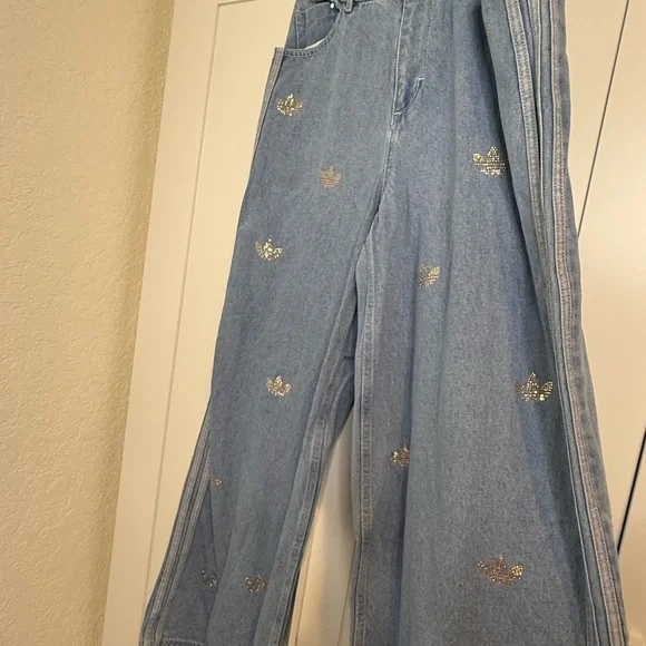 Adidas Originals Limited Denim Rhinestone Wide Leg Jeans - Picture 3 of 5
